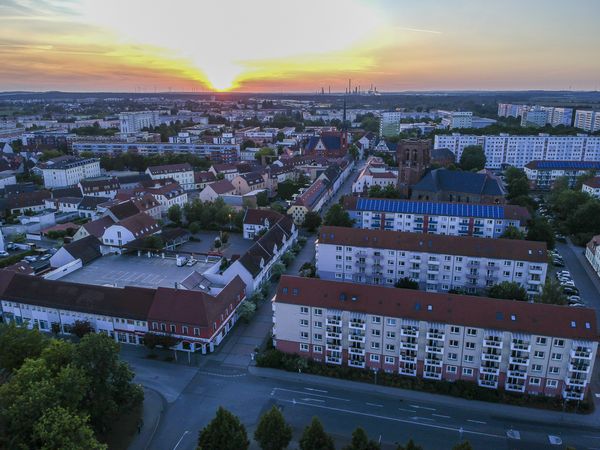 Schwedter Altstadt bei Sonnenuntergang.
