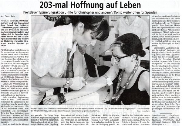 Bericht und Foto für eine Aktion für eine Knochenmarkspenderregistrierung im August 2013
